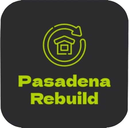 Logo with a house icon inside a circular arrow and the text "Pasadena Rebuild" in green on a dark background.